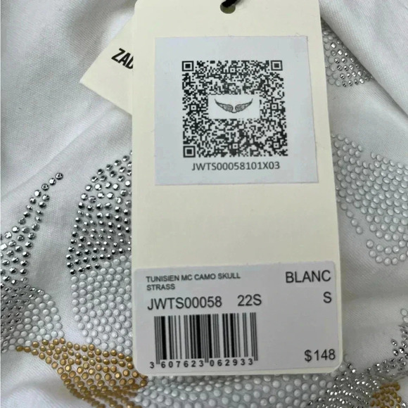 NWT Zadig & Voltaire Tunisien MC Embellished Skull Camo Strass Tee White S - Picture 3 of 3
